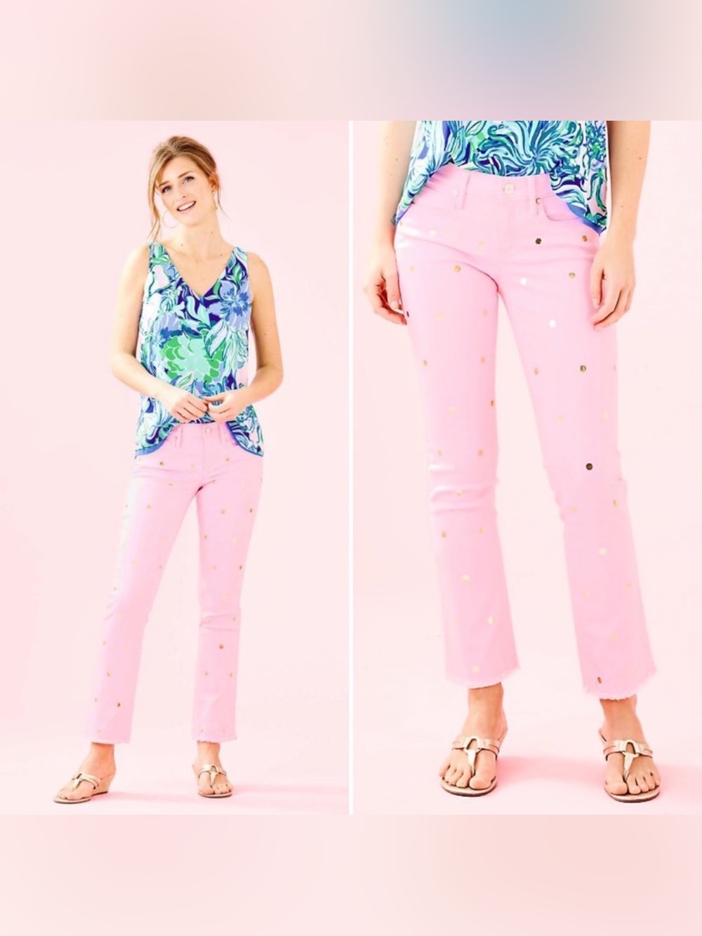 Lilly Pulitzer South Ocean Crop Pink Tropics with Gold Metallic Dot.